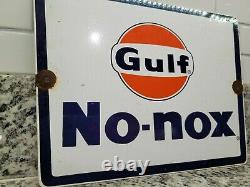 Vintage Gulf Porcelain Sign Motor Oil Gas Station Service Pump Plate No Nox Fuel