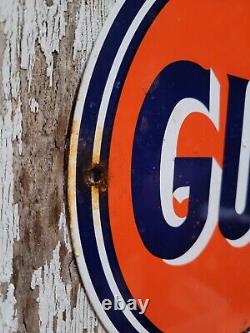Vintage Gulf Porcelain Sign Oil Gas Station Pump Plate Service Old Texas Lube 12
