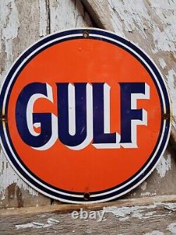 Vintage Gulf Porcelain Sign Oil Gas Station Pump Plate Service Old Texas Lube 12