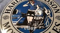 Vintage Harley Davidson Motorcycle Porcelain Gas Service Station Pin Up Cop Sign