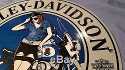 Vintage Harley Davidson Motorcycle Porcelain Gas Service Station Pin Up Cop Sign