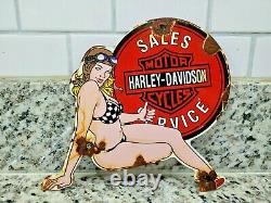 Vintage Harley Davidson Porcelain Motorcycle Girl Sign Gas Station Oil Service