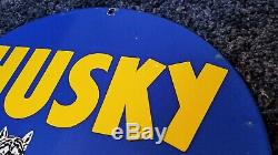 Vintage Husky Gasoline Porcelain Gas Service Station Pump Plate Oil Dog Ad Sign