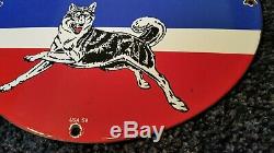 Vintage Husky Gasoline Porcelain Gas Service Station Pump Plate Oil Dog Ad Sign