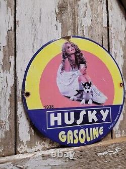 Vintage Husky Gasoline Porcelain Sign Gas Station Oil Service Woman Pump Plate