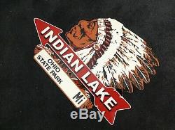 Vintage Indian Lake Metal Sign Gas Oil Service Station Pump Plate Rare Ohio Park