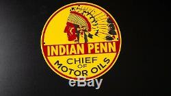 Vintage Indian Penn Chief Porcelain Sign Gas Oil Pump Plate Service Station Rare