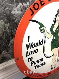 Vintage Joes Sinclair Pinup Gasoline Oil Pump Service Station Porcelain Gas Sign