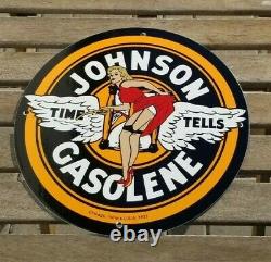 Vintage Johnson Gasoline Porcelain Gas Service Station Pump Plate Sign