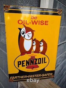 Vintage Large Pennzoil Be Oil Wise Gas Oil Service Station Porcelain Sign