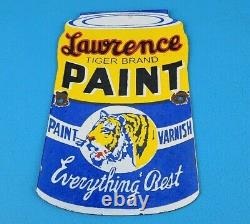 Vintage Lawrence Tiger Paints Porcelain Gas Oil Service Station Pump Plate Sign