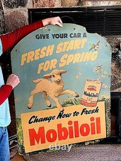 Vintage Lg Rare Mobil Mobiloil Motor Oil Service Station Sign Gas With Sheep
