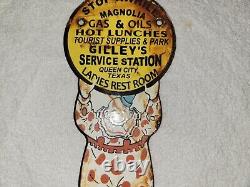 Vintage Magnolia Gas Oil Porcelain Sign Gilley's Service Station Queen City TX