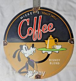 Vintage Mickey's Coffee Disney Porcelain Sign Pump Plate Gas Station Oil Service