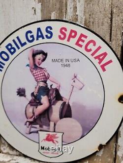 Vintage Mobil Porcelain Sign Gas Station Oil Service Garage Woman Rodeo Cowgirl