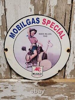 Vintage Mobil Porcelain Sign Gas Station Oil Service Garage Woman Rodeo Cowgirl