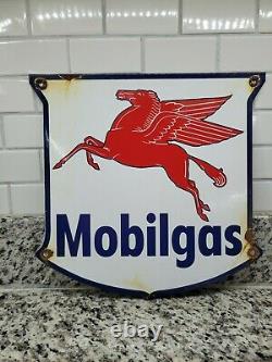 Vintage Mobil Porcelain Sign Mobilgas Garage Gas Pump Shield Station Oil Service