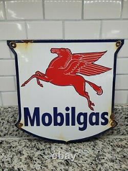 Vintage Mobil Porcelain Sign Mobilgas Garage Gas Pump Shield Station Oil Service