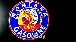 Vintage Montana Chief Gasoline Porcelain Sign Gas Oil Pump Plate Service Station