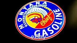 Vintage Montana Chief Gasoline Porcelain Sign Gas Oil Pump Plate Service Station