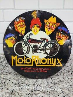 Vintage Moto Rhony Porcelain Sign Antique Motorcycle Gas Station Oil Service