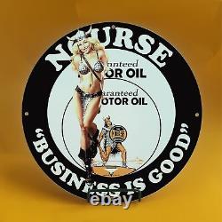 Vintage Motor Oil Girl Gasoline Porcelain Gas Service Station Pump Plate Sign