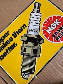 Vintage NGK Spark Plugs metal advertising Sign Service gas station Embossed