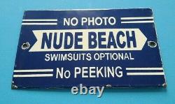 Vintage Nude Beach Porcelain Gas Service Station Pump No Peeking Warning Sign