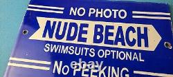 Vintage Nude Beach Porcelain Sign Gas Service Station Outdoor Pump Plate Sign
