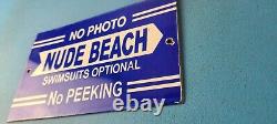Vintage Nude Beach Porcelain Sign Gas Service Station Outdoor Pump Plate Sign