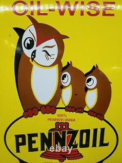 Vintage Pennzoil Porcelain Sign Owl Wise Gas Station Oil Garage Service Plaque