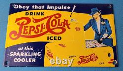 Vintage Pepsi Cola Porcelain Gas Service Station Pump Plate Soda Sign
