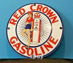 Vintage Red Crown Gasoline Porcelain Gas Service Station Pin Up Girl Sign