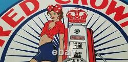 Vintage Red Crown Gasoline Porcelain Gas Service Station Pin Up Girl Sign