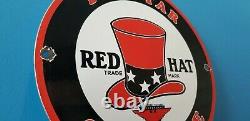 Vintage Red Hat Gasoline Porcelain Gas Service Station Pump Plate Oil Rack Sign