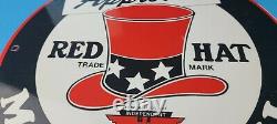 Vintage Red Hat Gasoline Porcelain Metal Gas Service Station Pump Plate Sign