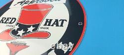 Vintage Red Hat Gasoline Porcelain Metal Gas Service Station Pump Plate Sign