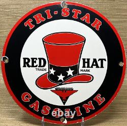 Vintage Red Hat Gasoline Porcelain Sign Gas Station Pump Motor Oil Service