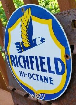 Vintage Richfield Gasoline Porcelain Gas Service Station Pump Plate Ad Sign