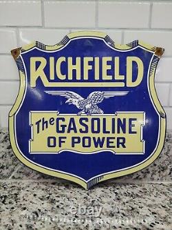 Vintage Richfield Porcelain Sign Gas Station Motor Oil Service Garage Shield