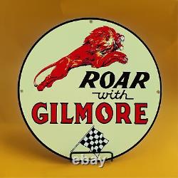 Vintage Roar With Gilmore Gasoline Porcelain Gas Oil Service Station Pump Sign