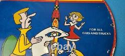 Vintage Rocket Motor Oil Porcelain Cartoon Gas Service Station Pump Plate Sign