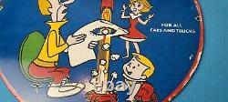 Vintage Rocket Motor Oil Porcelain Cartoon Gas Service Station Pump Plate Sign