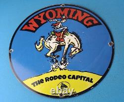 Vintage Rodeo Cowboy Porcelain Cody Wyoming Gas Service Station Pump Plate Sign