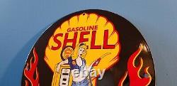Vintage Shell Gasoline Porcelain Gas Service Station Pin Up Girl Flames Sign
