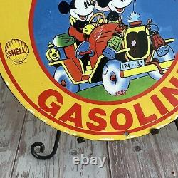 Vintage Shell Gasoline Porcelain Sign Mickey Gas Station Pump Oil Service Motor
