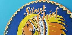 Vintage Silent Chief Gasoline Porcelain Gas Service Station Indian Pump 12 Sign