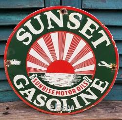 Vintage Sunset Gasoline Porcelain Gas Auto Oil Service Station Pump Plate Sign