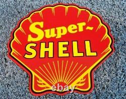 Vintage Super Shell Gasoline Red Metal Gas Oil Service Station Pump Plate Sign