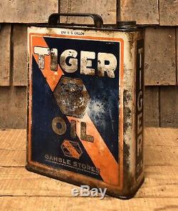 Vintage TIGER Oil Gamble Stores Gas Service Station 1 Gallon Slim Can
